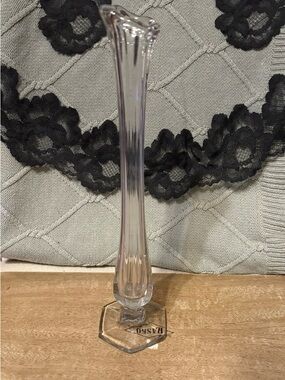 Vintage clear glass pedestal hexagon base swung bud vase